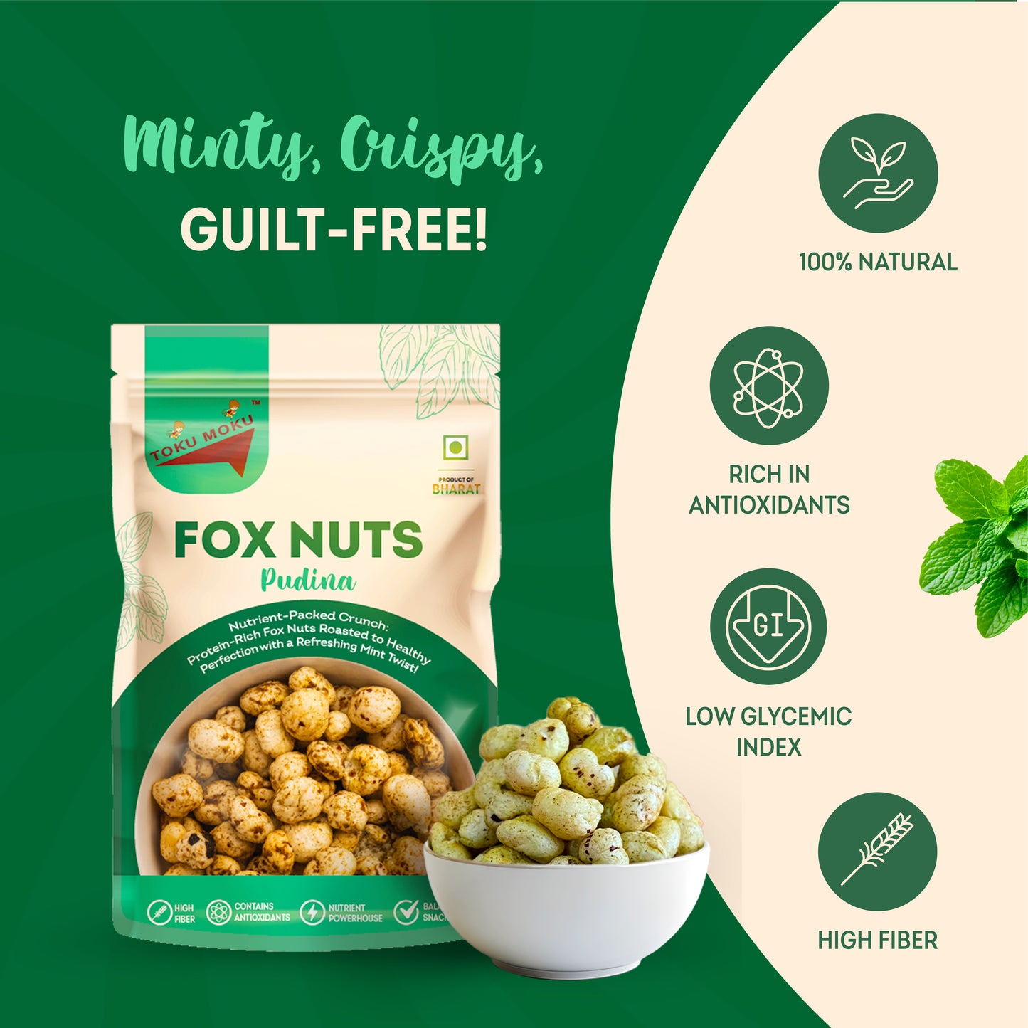 Pudina Roasted Makhana I 55g each Healthy Makhana Roasted In Ghee Snacks Gluten Free | Anti Oxidants | MSG Free | Zero Trans Fat | No added Preservatives and No Artificial Flavours