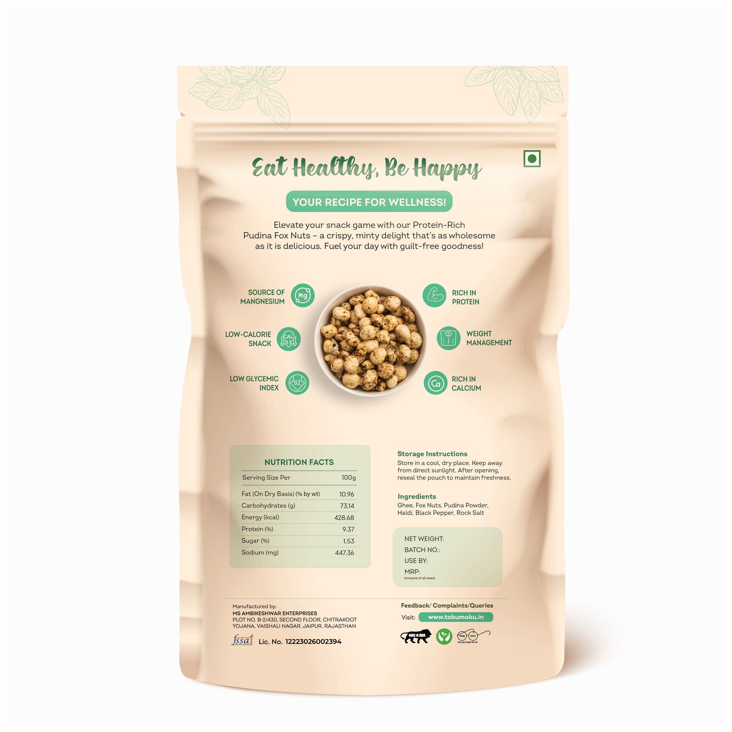 Pudina Roasted Makhana I 55g each Healthy Makhana Roasted In Ghee Snacks Gluten Free | Anti Oxidants | MSG Free | Zero Trans Fat | No added Preservatives and No Artificial Flavours