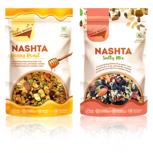 Toku Moku- Combo | Honey Roast(90gm) | Salty Mix(84gm) Nashta Cereal | Healthy Mixed Nuts with Dry Fruits (Pack of 2)
